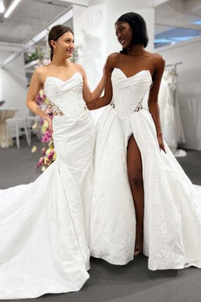 Beautiful White Sweetheart Strapless Ruffles Cathedral Train Satin Wedding Dress With Lace