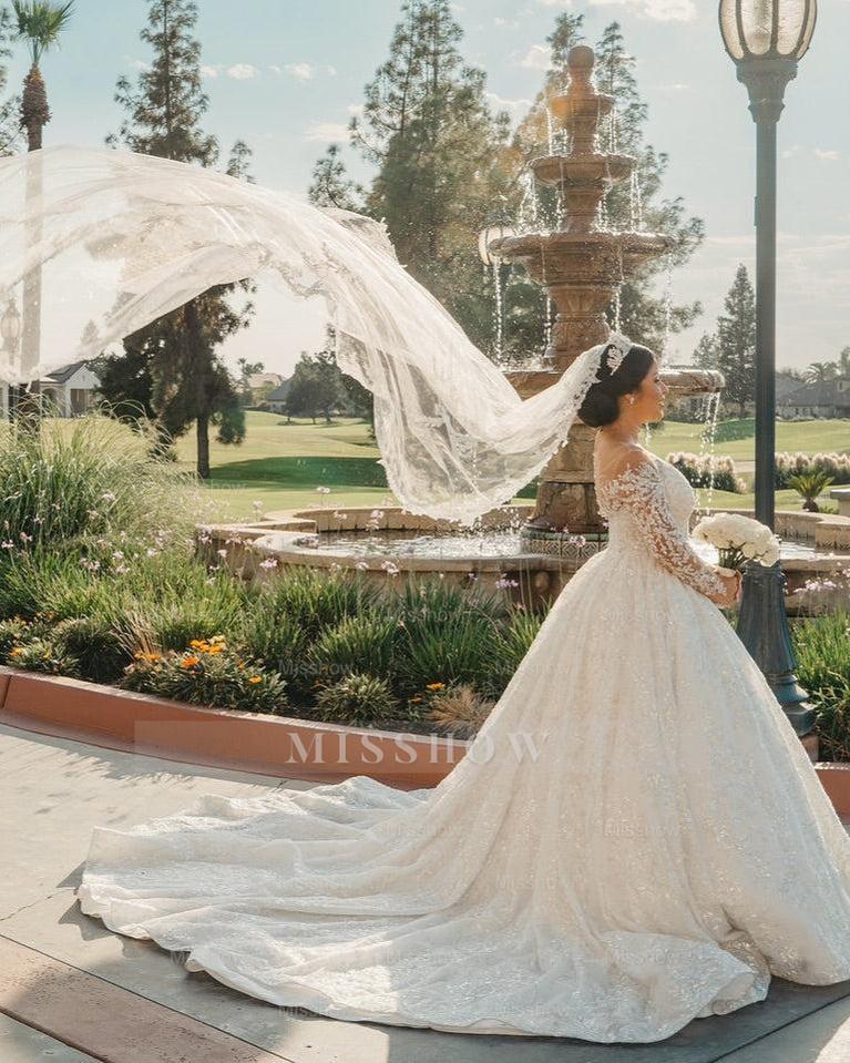 Beautiful White V-Neck Lace Sequined Ball Gown Long Sleeves Cathedral Train Wedding Dresses