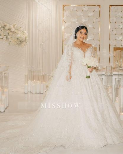 Beautiful White V-Neck Lace Sequined Ball Gown Long Sleeves Cathedral Train Wedding Dresses