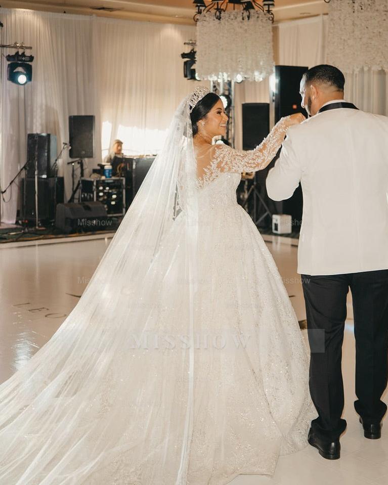 Beautiful White V-Neck Lace Sequined Ball Gown Long Sleeves Cathedral Train Wedding Dresses