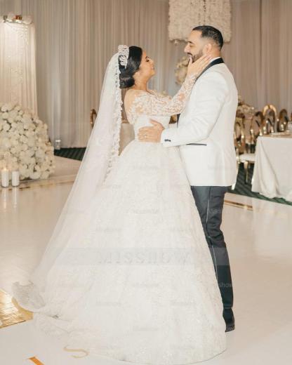 Beautiful White V-Neck Lace Sequined Ball Gown Long Sleeves Cathedral Train Wedding Dresses