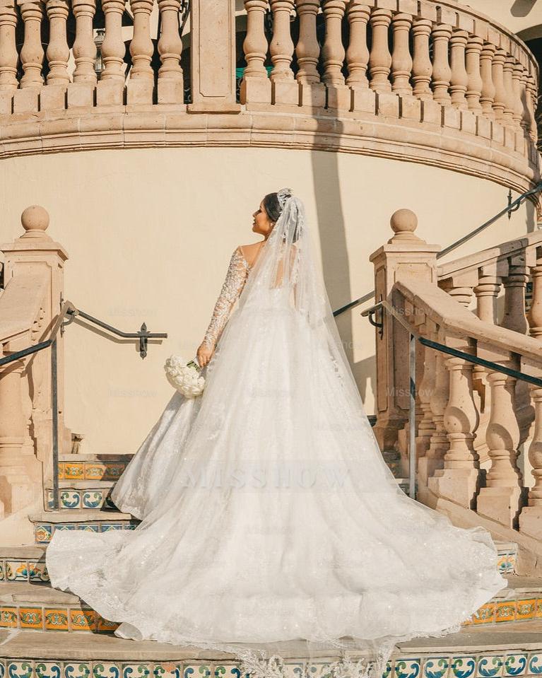 Beautiful White V-Neck Lace Sequined Ball Gown Long Sleeves Cathedral Train Wedding Dresses