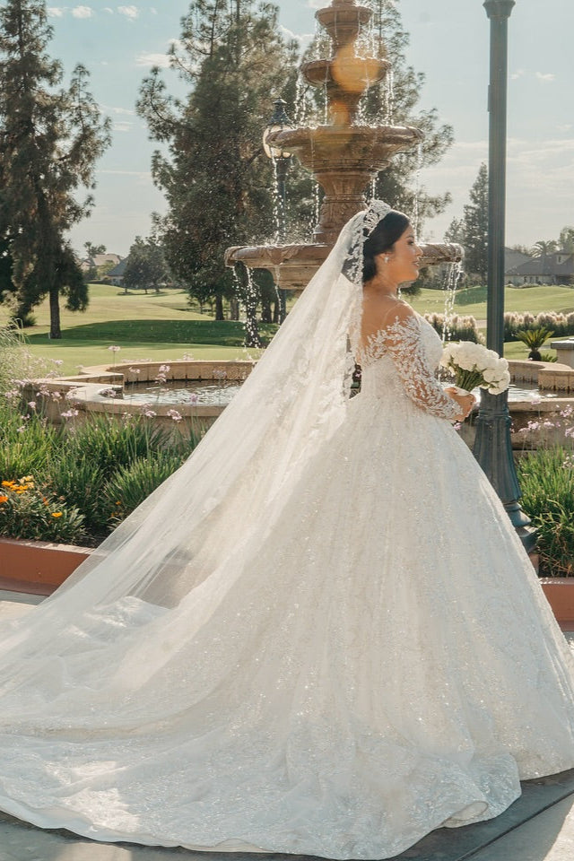 Beautiful White V-Neck Lace Sequined Ball Gown Long Sleeves Cathedral Train Wedding Dresses