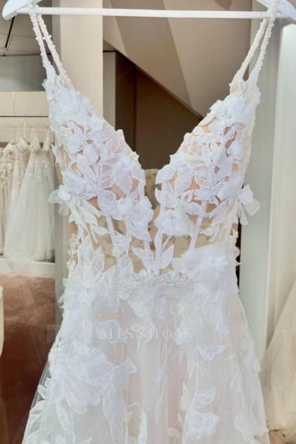 Beautiful White V-Neck Spaghetti Strap A-Line Sleeveless Simple Tulle Long Wedding Dresses With Appliques