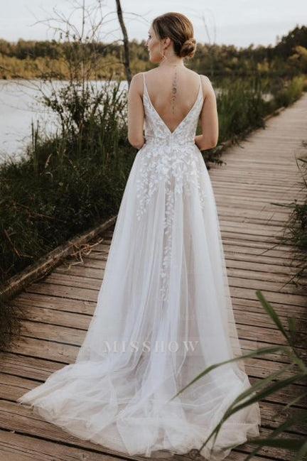 Beautiful White V-Neck Spaghetti strap A-Line Sleeveless Sweep Train Tulle Wedding Dresses With Appliques