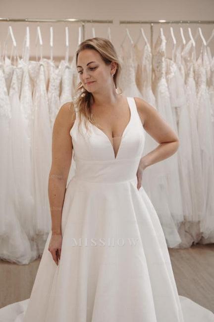 Beautiful White V-neck Spaghetti Strap A-Line Sleeveless Sweep Train Satin Simple Wedding Dresses