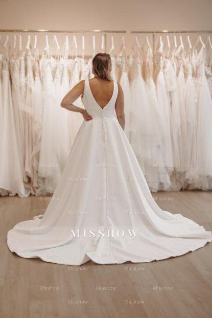 Beautiful White V-neck Spaghetti Strap A-Line Sleeveless Sweep Train Satin Simple Wedding Dresses