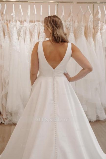 Beautiful White V-neck Spaghetti Strap A-Line Sleeveless Sweep Train Satin Simple Wedding Dresses