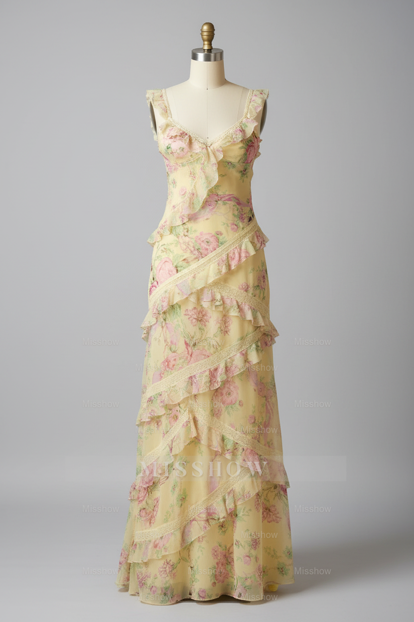 Beautiful Yellow Floral Print Tiered Ruffle Prom Dress with Open Back and Tie Straps