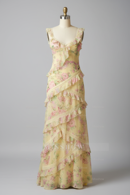 Beautiful Yellow Floral Print Tiered Ruffle Prom Dress with Open Back and Tie Straps