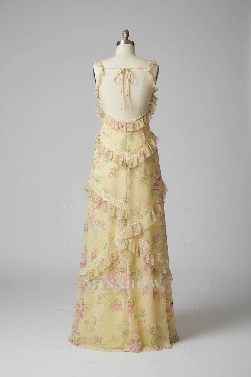 Beautiful Yellow Floral Print Tiered Ruffle Prom Dress with Open Back and Tie Straps