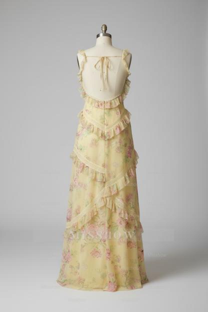 Beautiful Yellow Floral Print Tiered Ruffle Prom Dress with Open Back and Tie Straps
