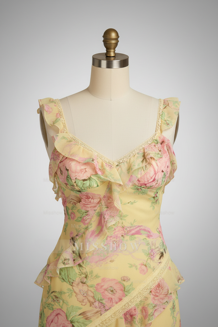 Beautiful Yellow Floral Print Tiered Ruffle Prom Dress with Open Back and Tie Straps