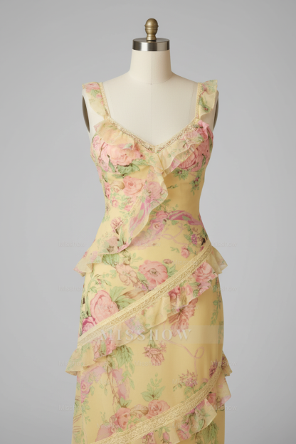 Beautiful Yellow Floral Print Tiered Ruffle Prom Dress with Open Back and Tie Straps
