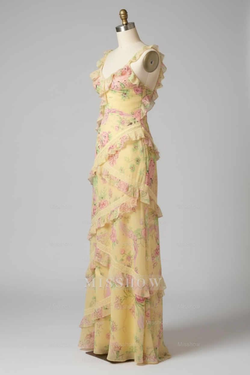 Beautiful Yellow Floral Print Tiered Ruffle Prom Dress with Open Back and Tie Straps