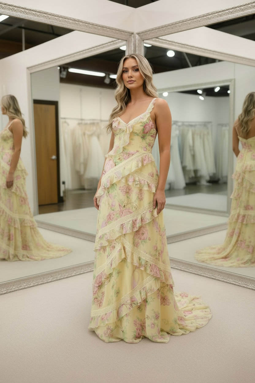 Beautiful Yellow Floral Print Tiered Ruffle Prom Dress with Open Back and Tie Straps