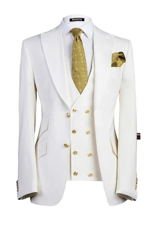Stylish White Three-Piece Peaked Lapel Prom Ensemble For Men