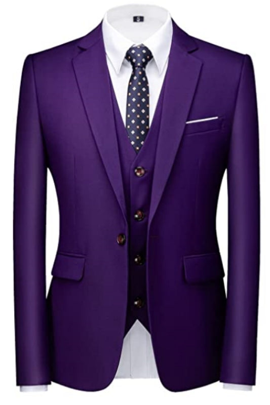 Purple Close-Fitting Three-Piece Notched Lapel Prom Suit