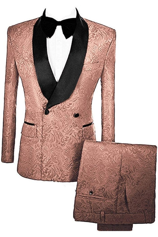 Bespoke Brown Double Breasted Jacquard Groom's Suit With Velvet Lapel