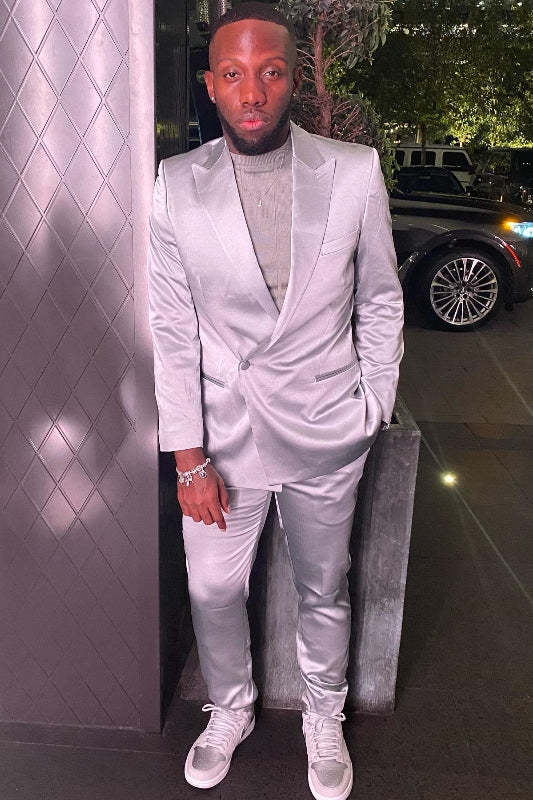 Bespoke Silver Peak Lapel Satin Prom Suit