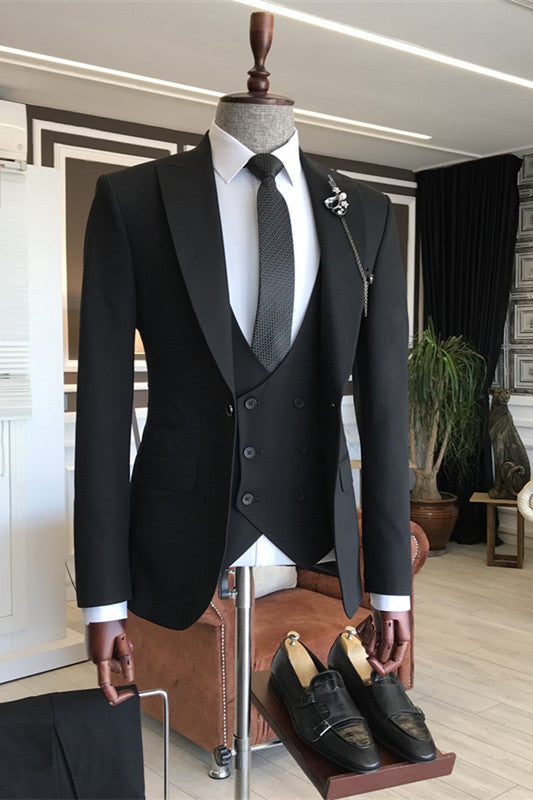 Black Formal Peaked Lapel Three-Piece Business Suit