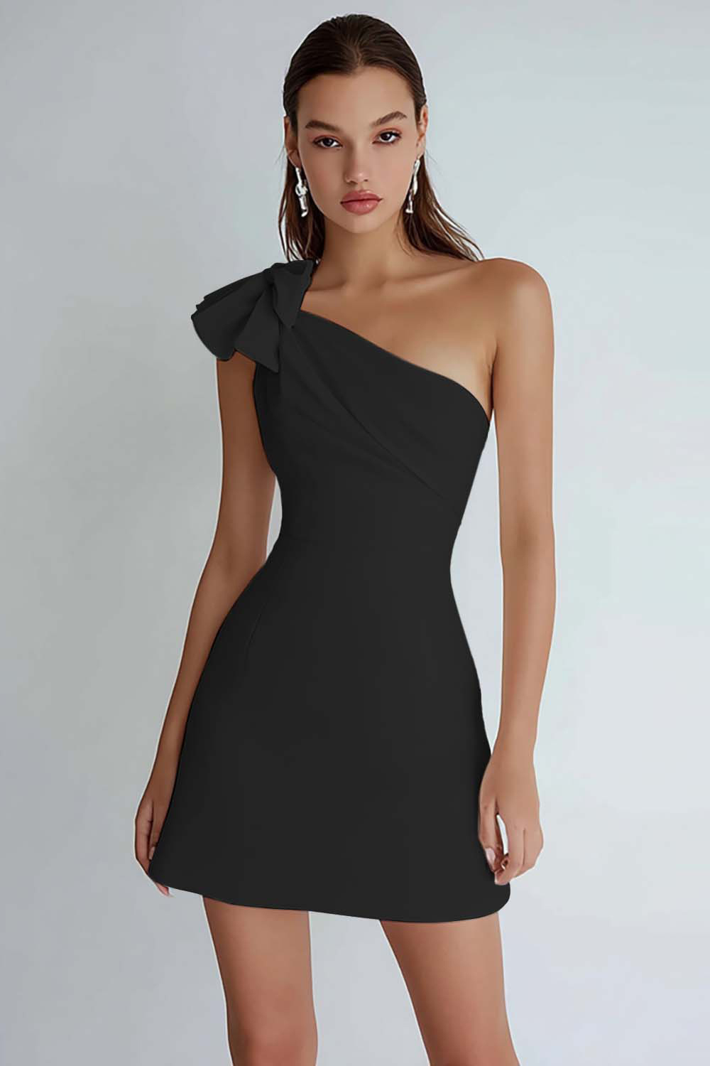 Ivory Satin A Line One Shoulder Short Cocktail Dress With Bow