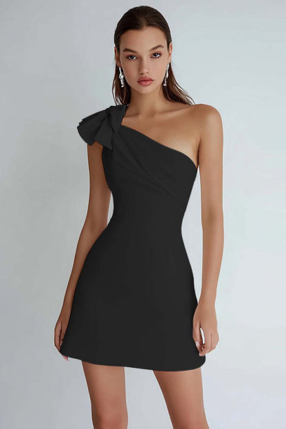 Ivory Satin A Line One Shoulder Short Cocktail Dress With Bow