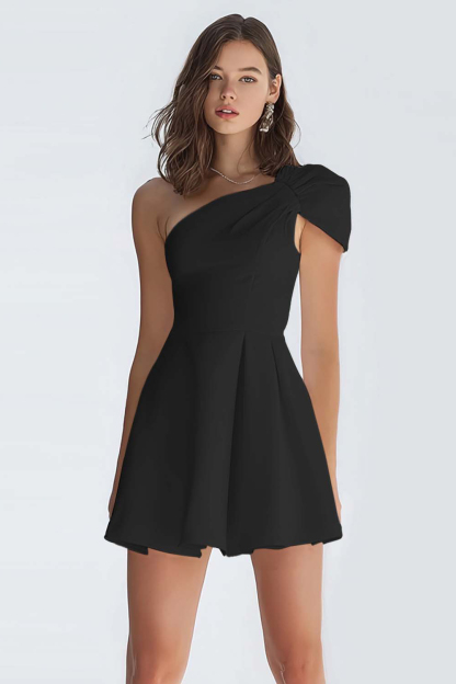 Simple Ivory A Line One Shoulder Short Satin Cocktail Dress