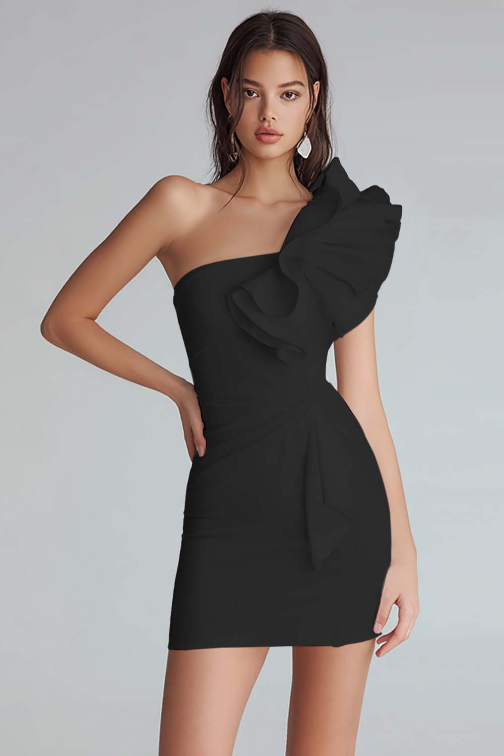 Ivory Satin Satin One Shoulder Short Tight Cocktail Dress With Ruffles