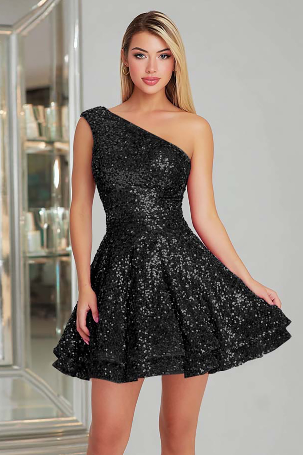 Sparkly Fuchsia One Shoulder A Line Short Sequin Cocktail Dress