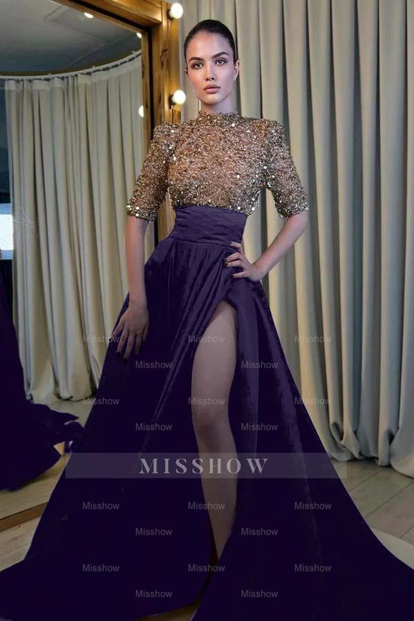 Black And Champagne Long Formal Dress Half Sleeves With High Slit