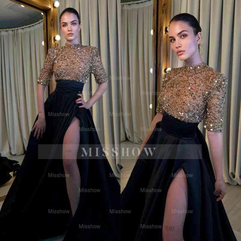 Black And Champagne Long Formal Dress Half Sleeves With High Slit