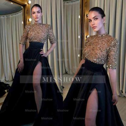 Black And Champagne Long Formal Dress Half Sleeves With High Slit