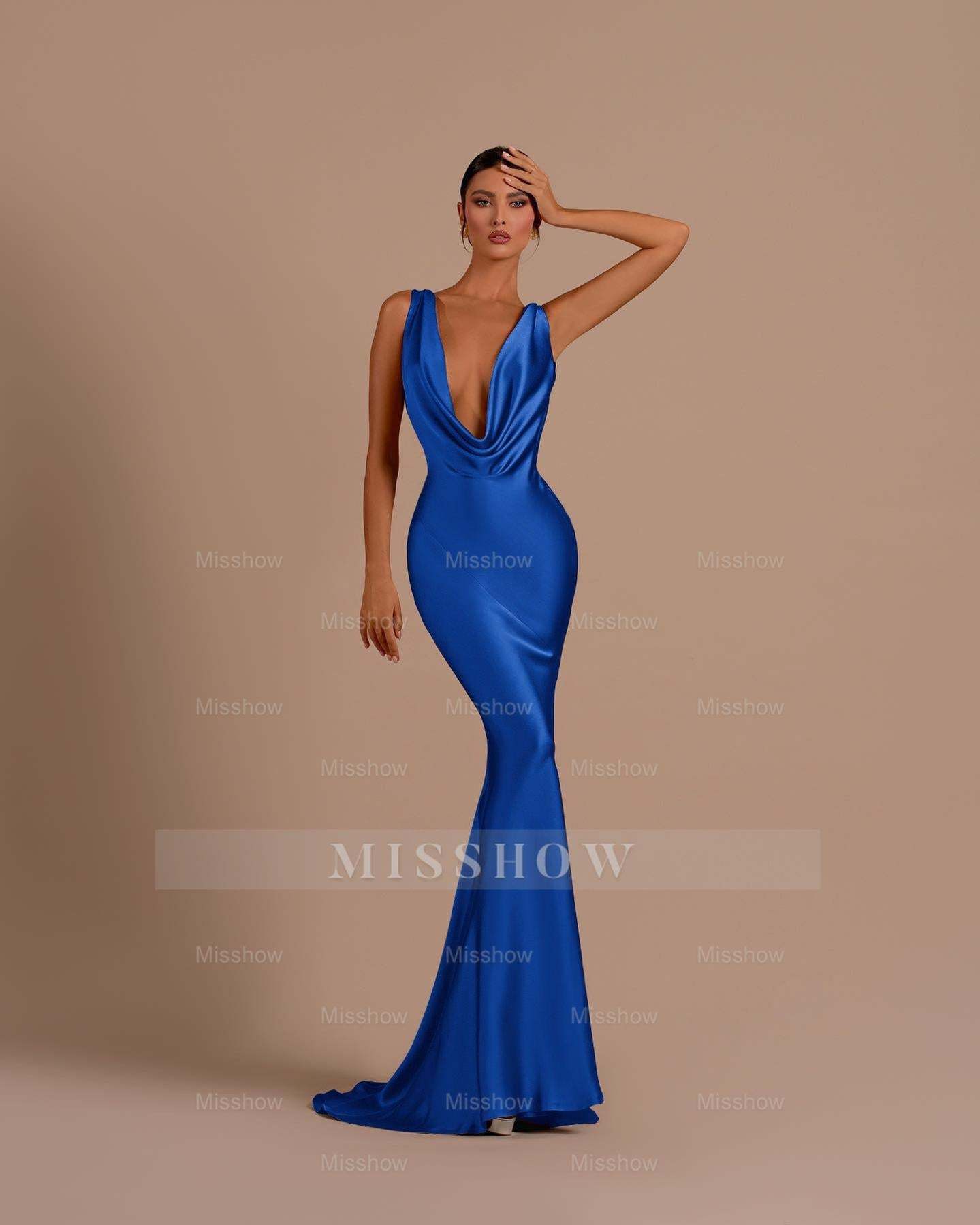 Black Deep V Neck Sleeveless Mermaid Long Formal Dress With Pleated