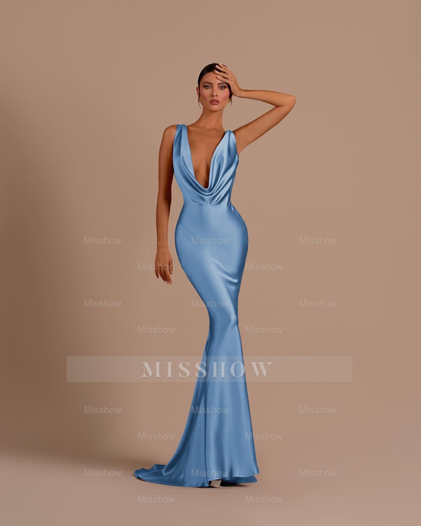Black Deep V Neck Sleeveless Mermaid Long Formal Dress With Pleated