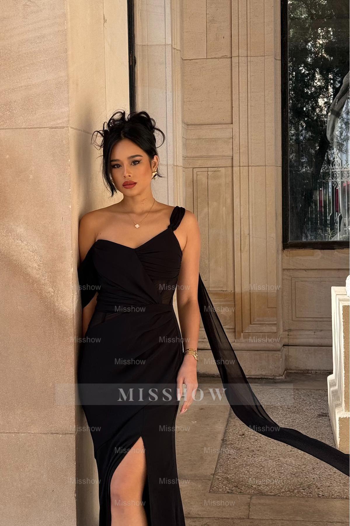 Black One Shoulder Sleeveless Split Mermaid Long Ruffles Formal Dress