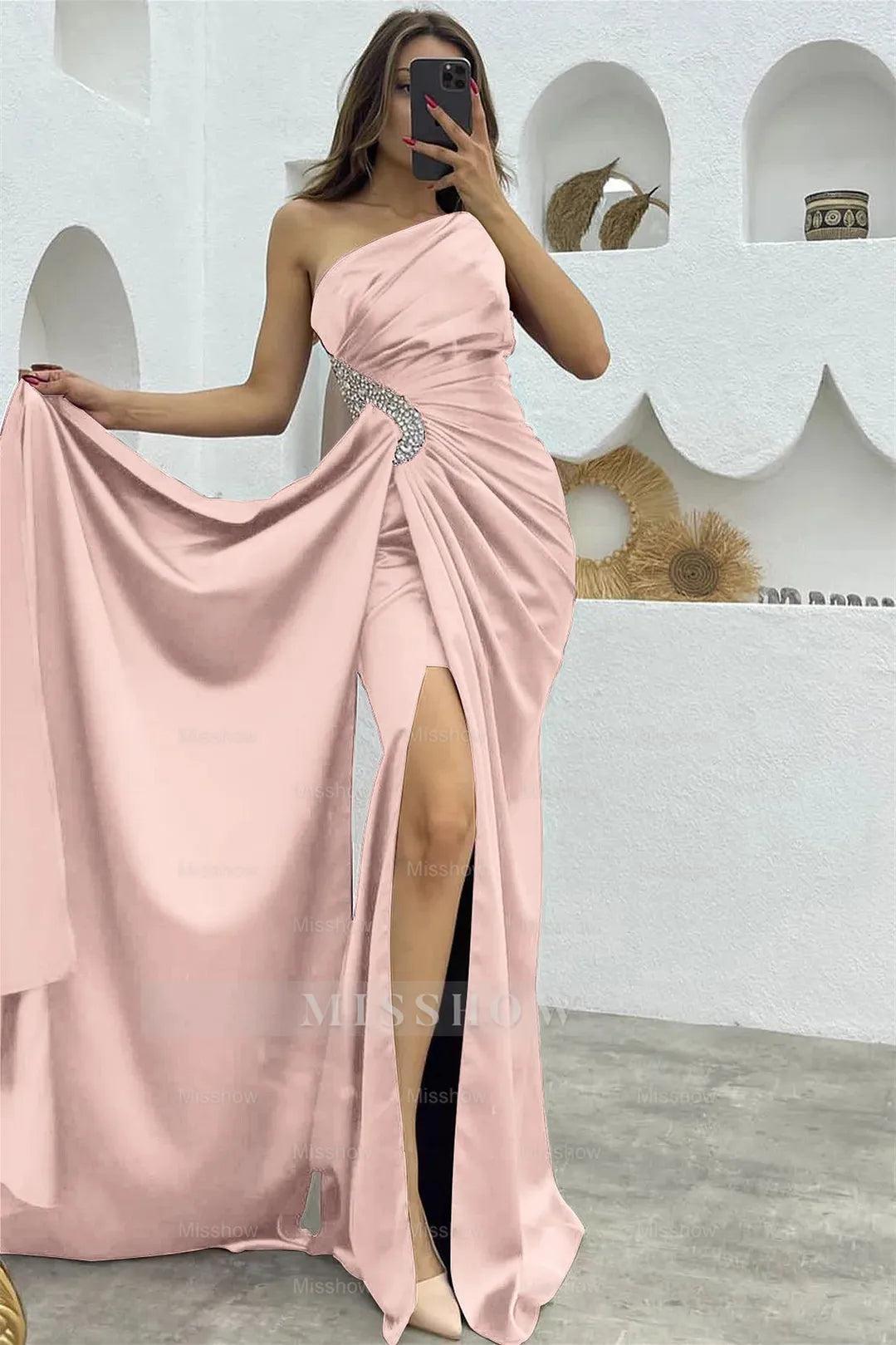 Black Sleeveless One Shoulder Long Split Pleated Formal Dress With Rhinestone