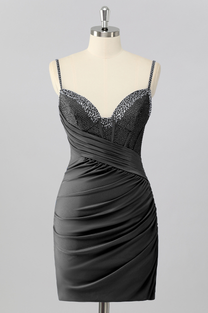 Sparkly Sky Blue Tight Ruched Short Corset Cocktail Dress With Beading