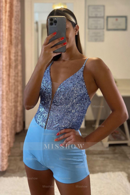 Blue Lace-Up V Neck Spaghetti Strap Long Formal Dress With Slit