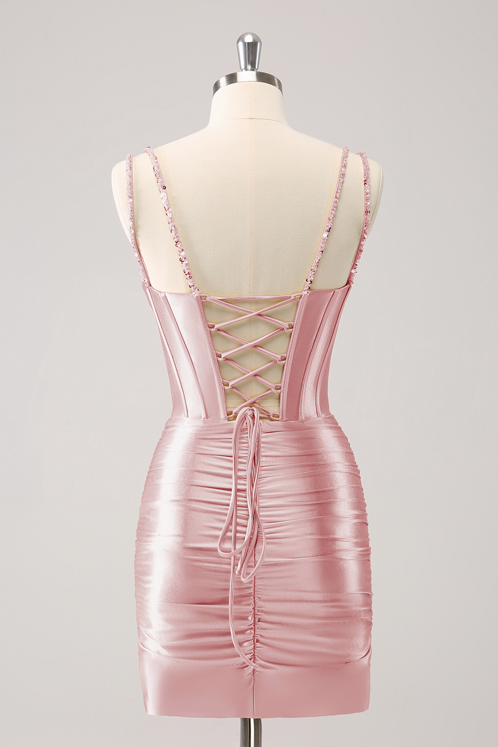 Sparkly Golden Spaghetti Straps Bodycon Satin Corset Cocktail Dress With Beading