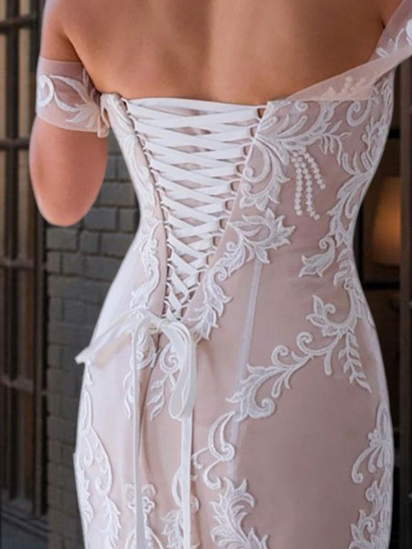 Boho Elegant Wedding Dresses Mermaid Off The Shoulder Customized Lace Short Sleeve Floor Length Bridal Gown With Sweep Train