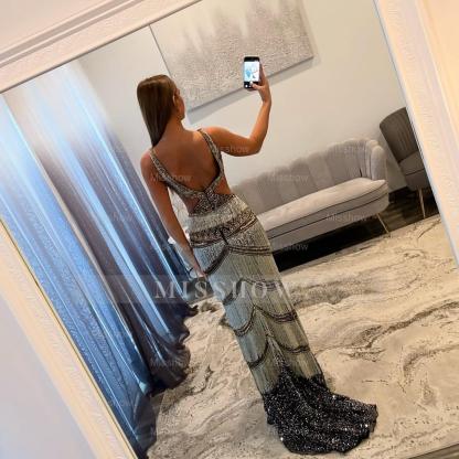 Boho Long Mermaid Silver V-neck Sleeveless Beaded Prom Dress with Slit