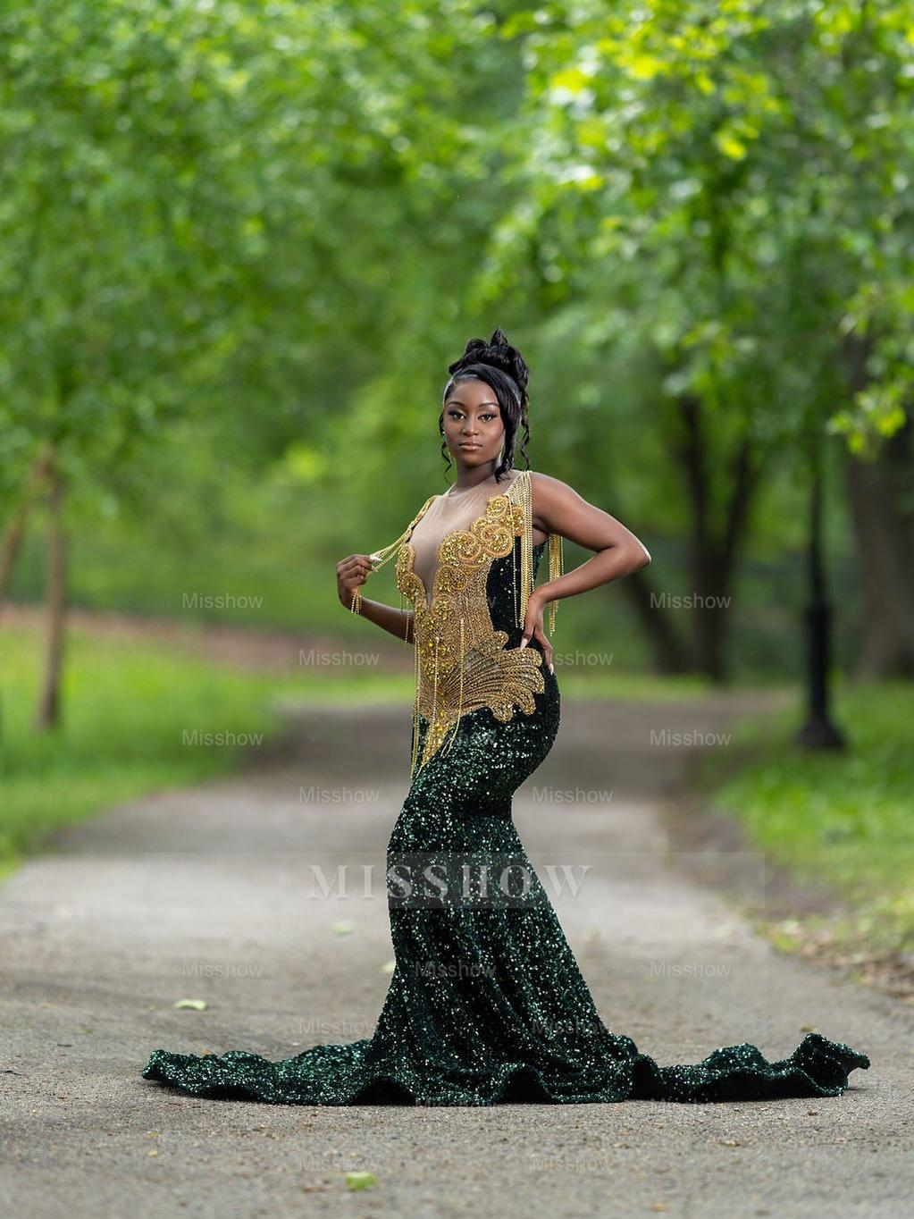 Bold Long Dark Green Sequined V-Neck Sleeveless Mermaid Prom Dress with Rhinestones and Tassels