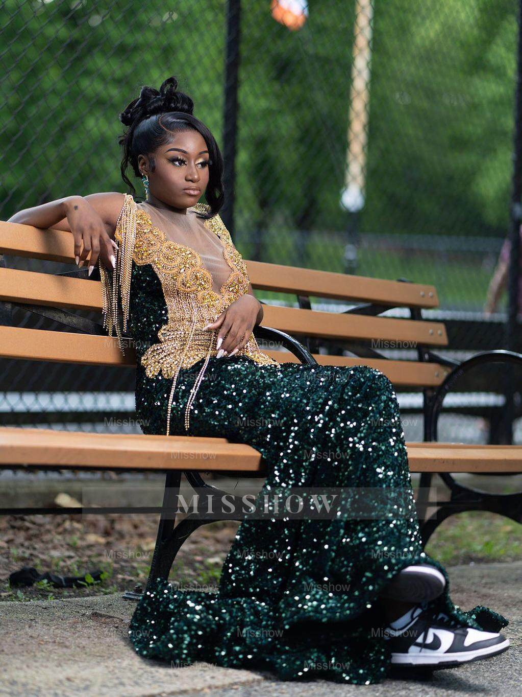 Bold Long Dark Green Sequined V-Neck Sleeveless Mermaid Prom Dress with Rhinestones and Tassels