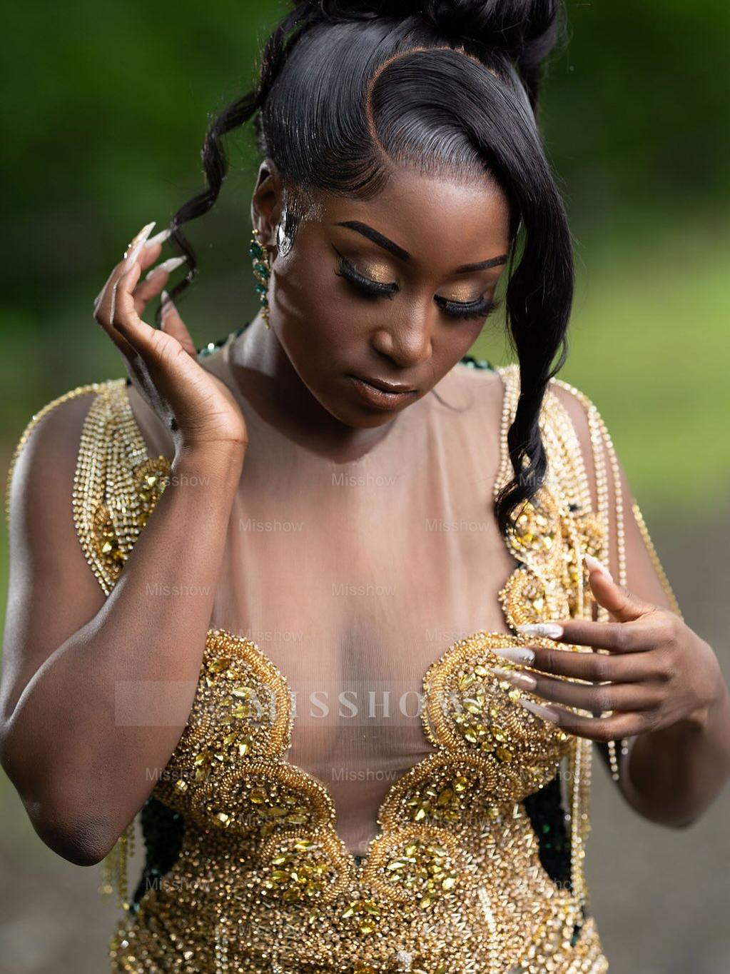 Bold Long Dark Green Sequined V-Neck Sleeveless Mermaid Prom Dress with Rhinestones and Tassels