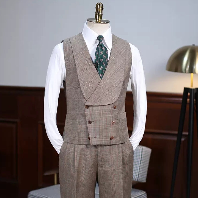 Trendy Khaki Checkered Notched Lapel Three-Piece Prom Ensemble