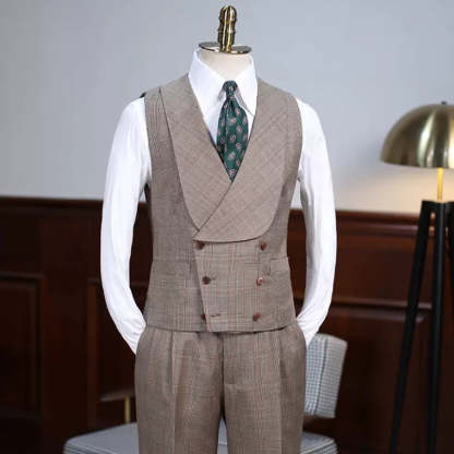 Trendy Khaki Checkered Notched Lapel Three-Piece Prom Ensemble