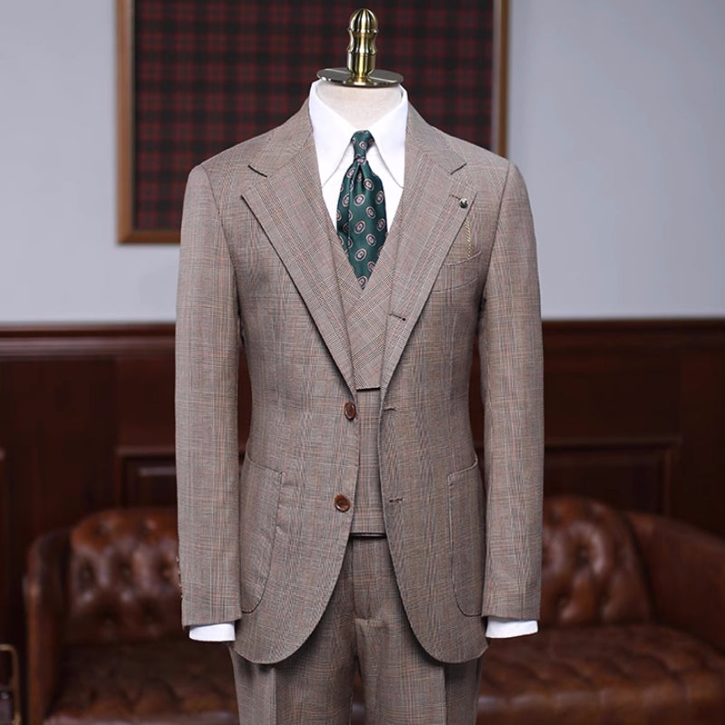 Trendy Khaki Checkered Notched Lapel Three-Piece Prom Ensemble