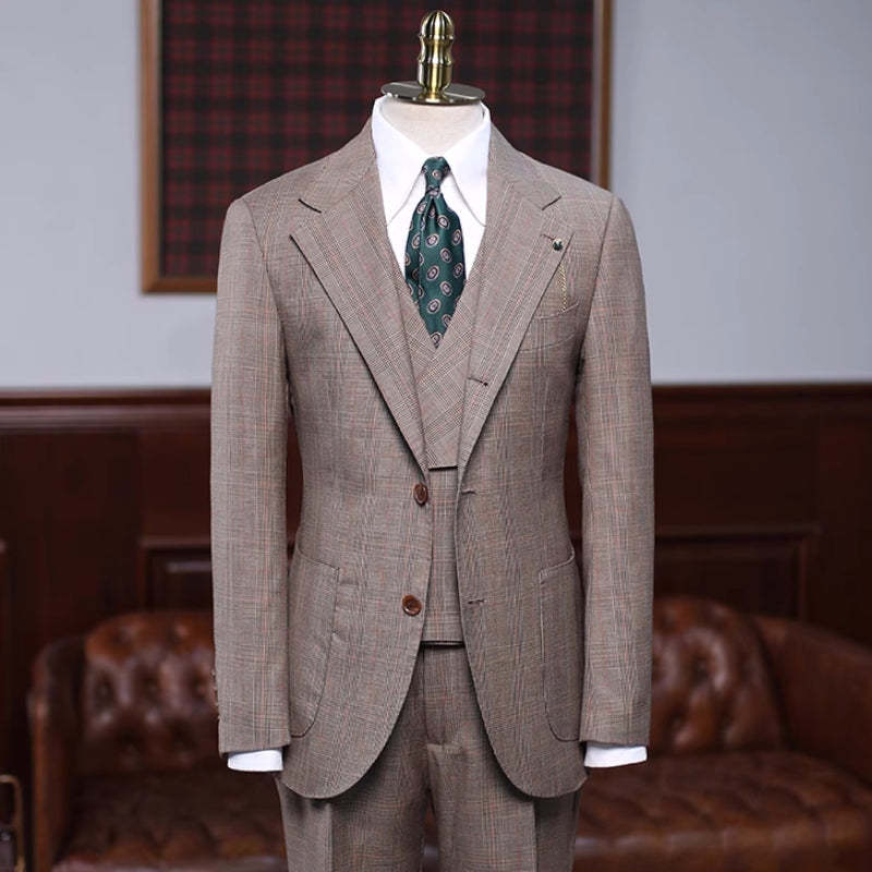 Trendy Khaki Checkered Notched Lapel Three-Piece Prom Ensemble