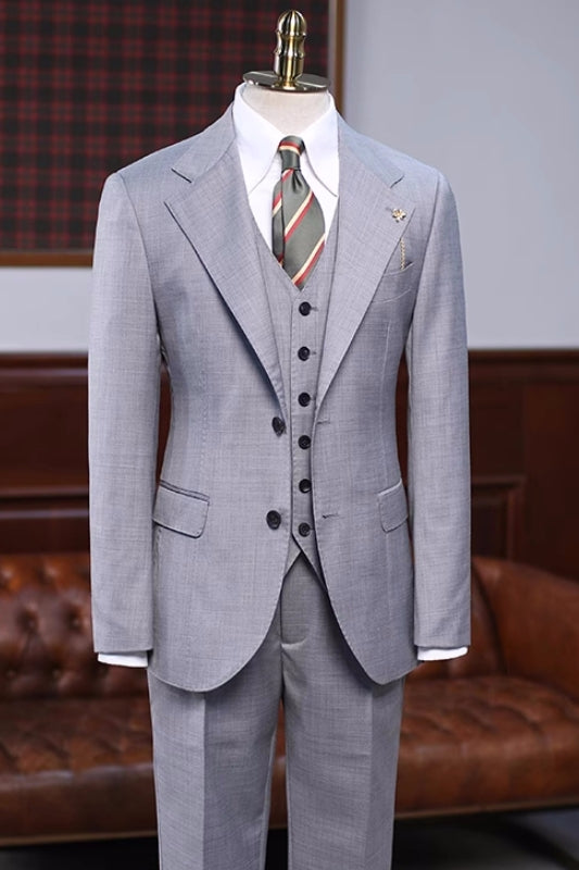 Gray Formal Notched Lapel Three-Piece Business Suit